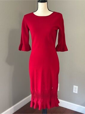 Carolina Herrera Red Midi Dress with Fluted Sleeves and Ruffle Hem
